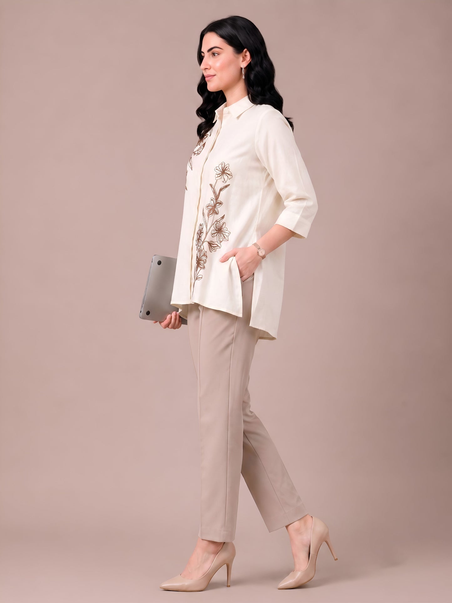 Cream Modal Satin Embroidered Short Kurti