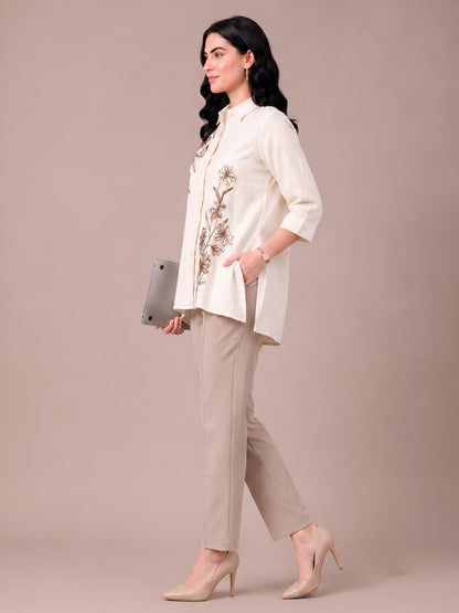 Cream Modal Satin Embroidered Short Kurti