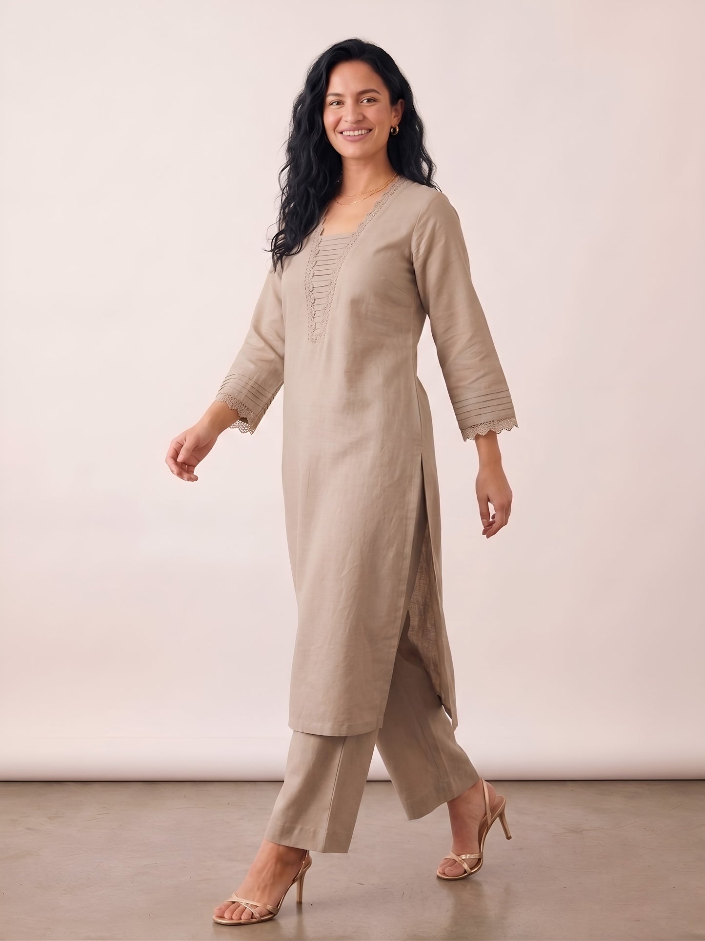 Barara Women's Beige Crochet Detail Straight Kurta Set