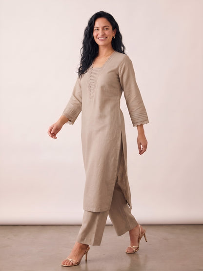 Barara Women's Beige Crochet Detail Straight Kurta Set