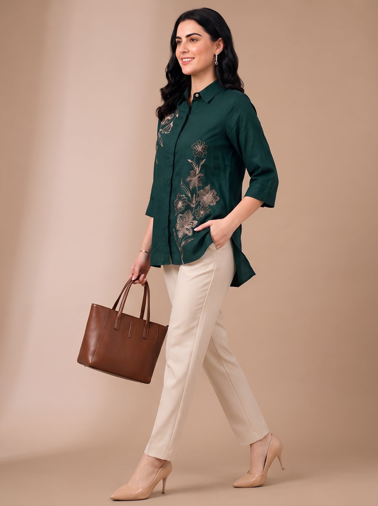 Green Modal Satin Embroidered Short Kurti