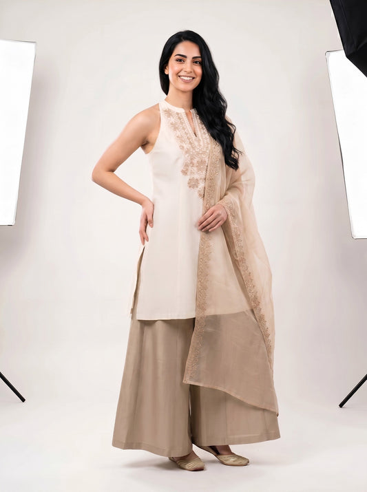 Barara Women’s Beige Embroidered Kurta with Golden Palazzo & Dupatta