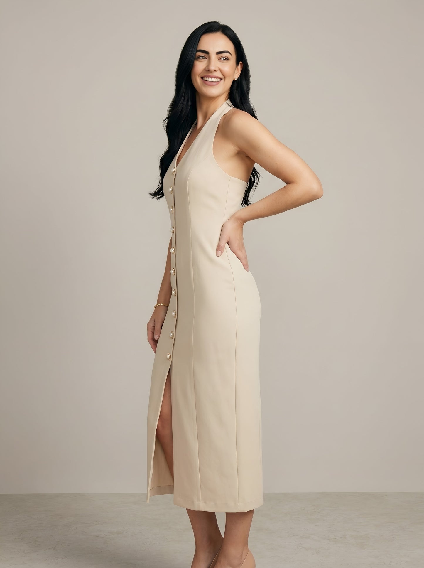 House of S Women's Classic Pearl Button Midi Dress