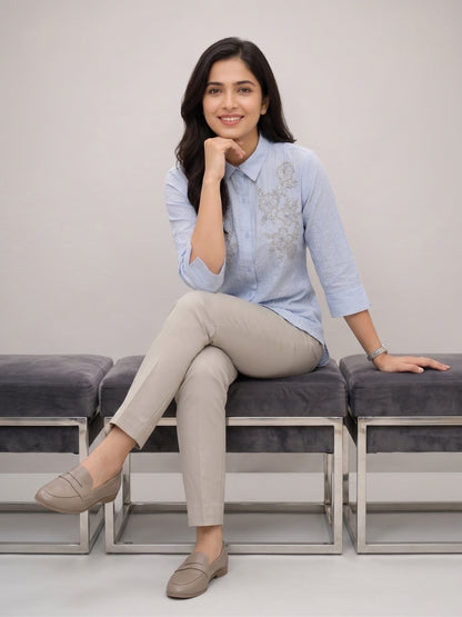 House of S Sky Blue Shirt with Floral Thread Embroidery