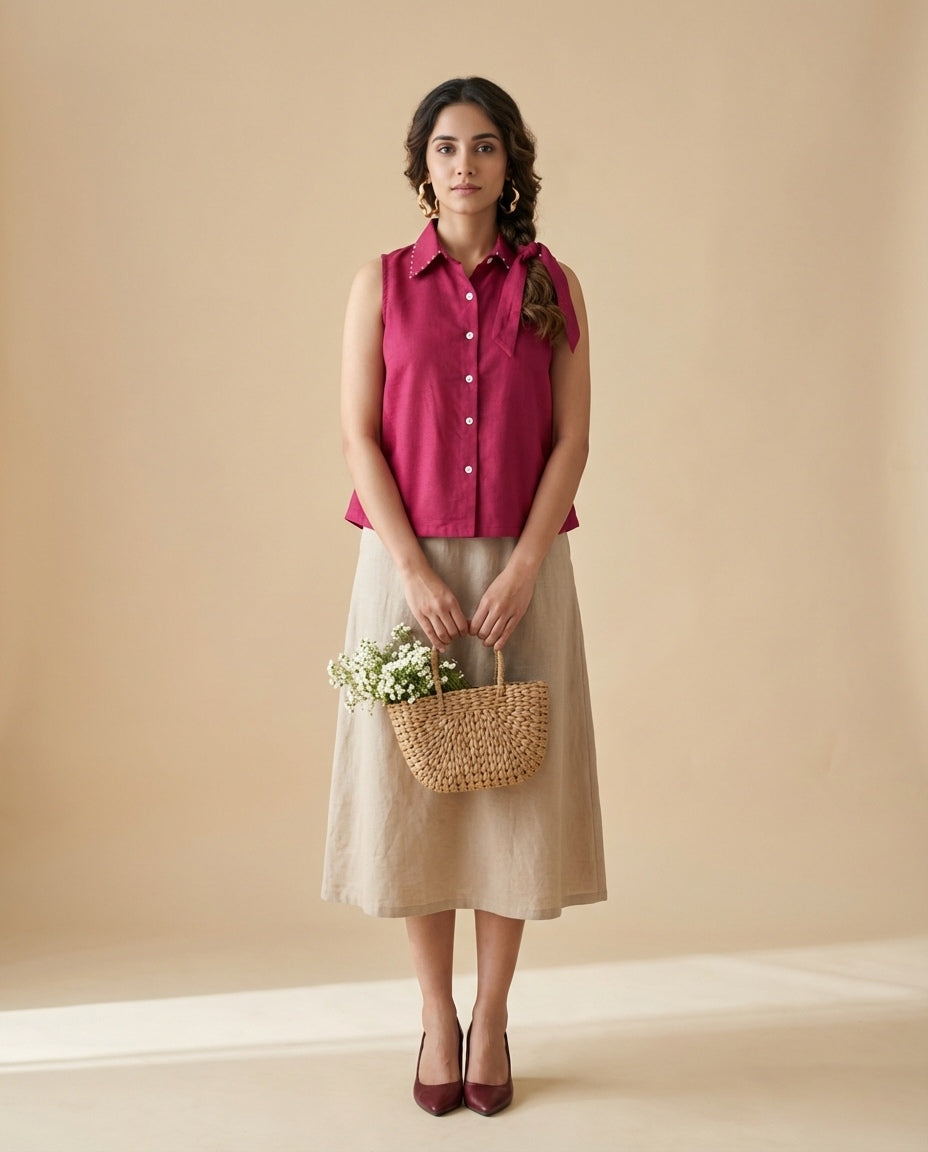 Maroon Sleeveless Linen Shirt