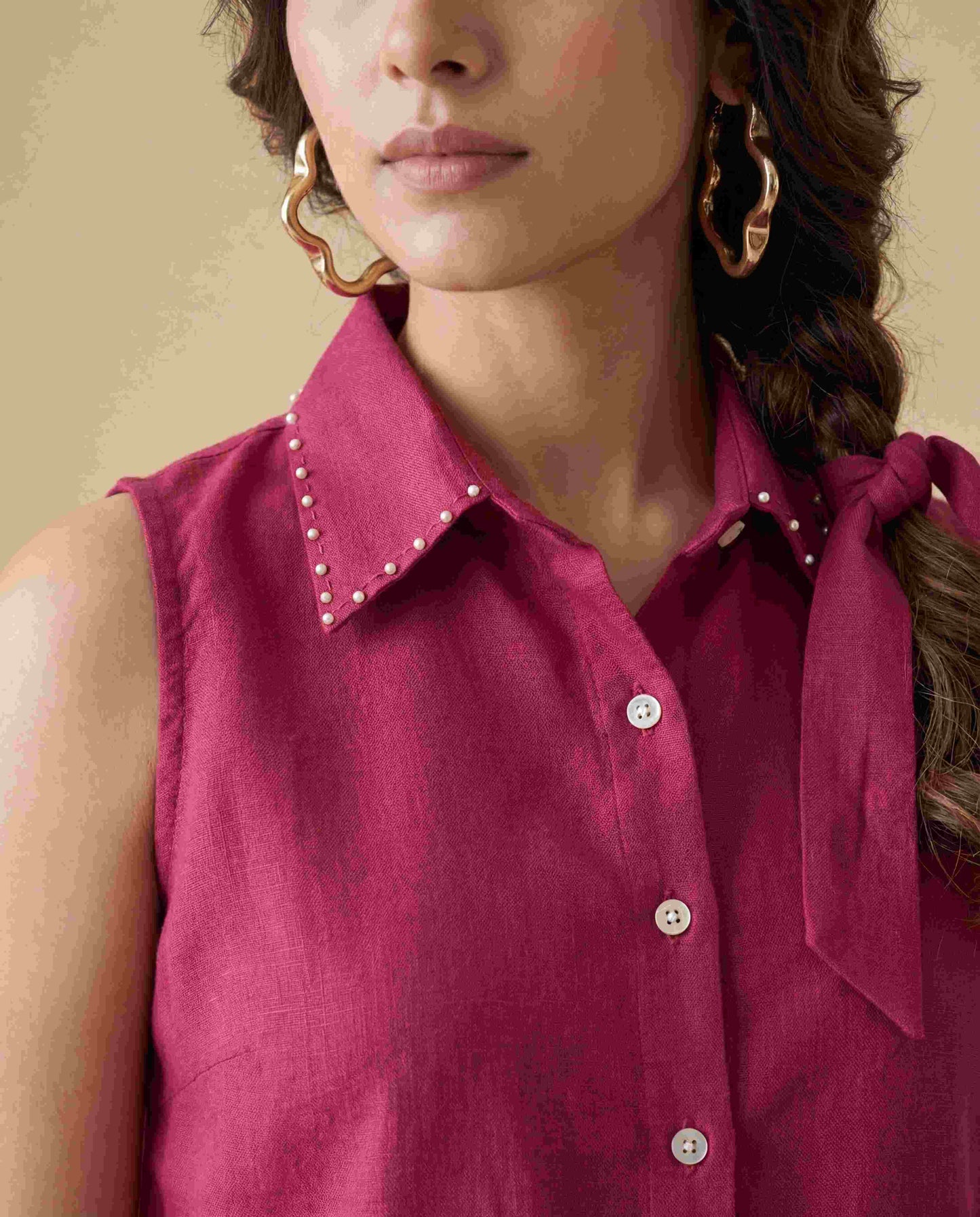 Maroon Sleeveless Linen Shirt