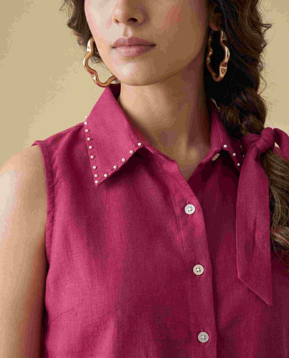 Maroon Sleeveless Linen Shirt
