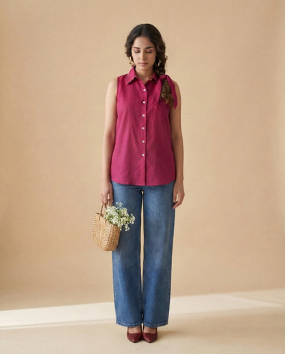 Maroon Sleeveless Linen Shirt