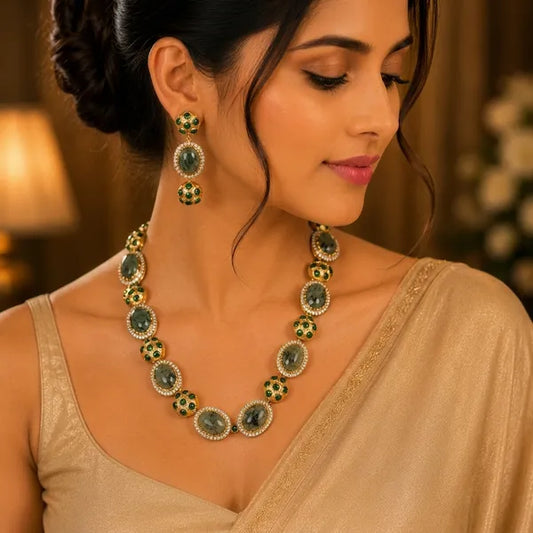 Gold And Grey Kundan Stone Necklace And Earrings Set For Women