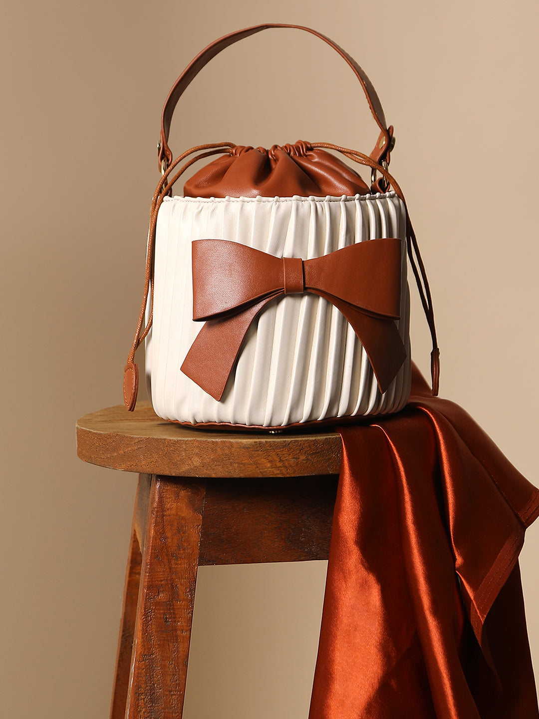 Gathered Brown & Ivory Bucket Bag