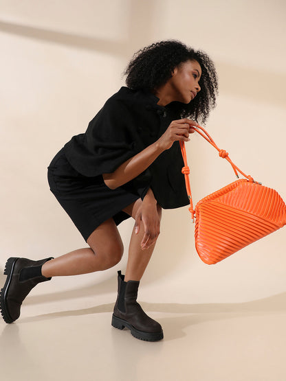 Textured Pouch Handbag - Orange