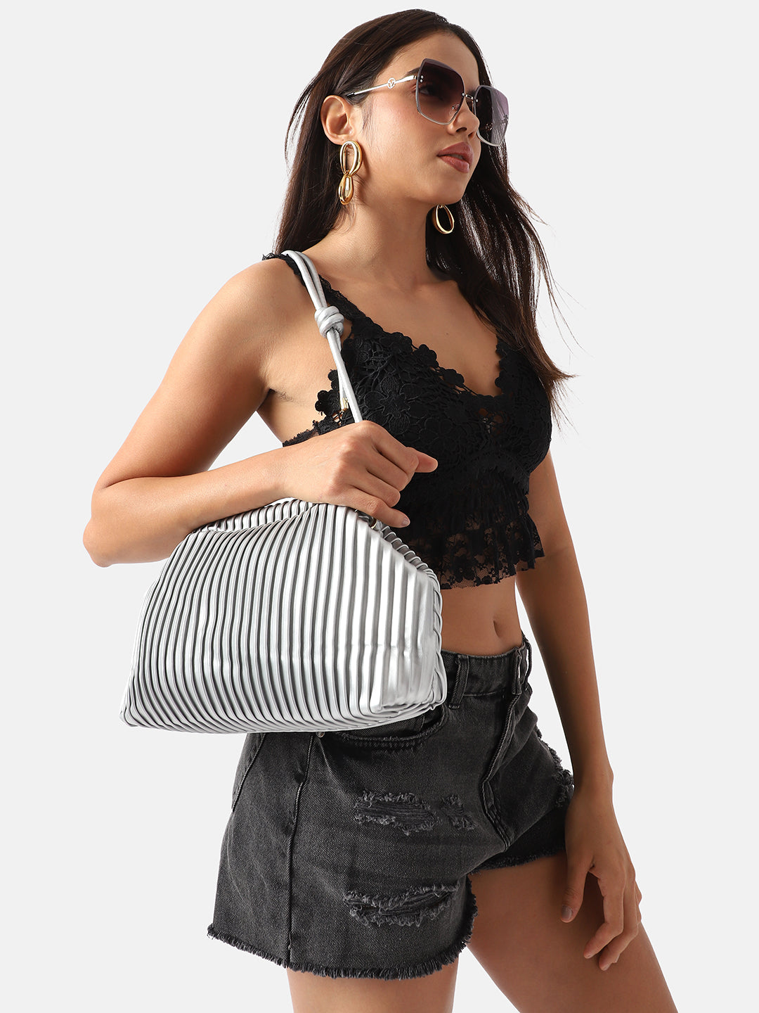 Textured Pouch Handbag - Silver