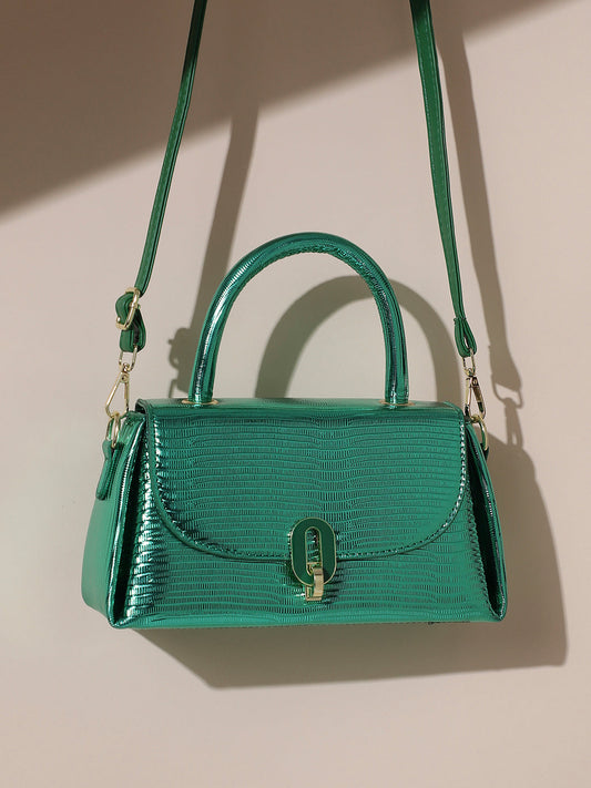 Metallic Flap Handbag - Green