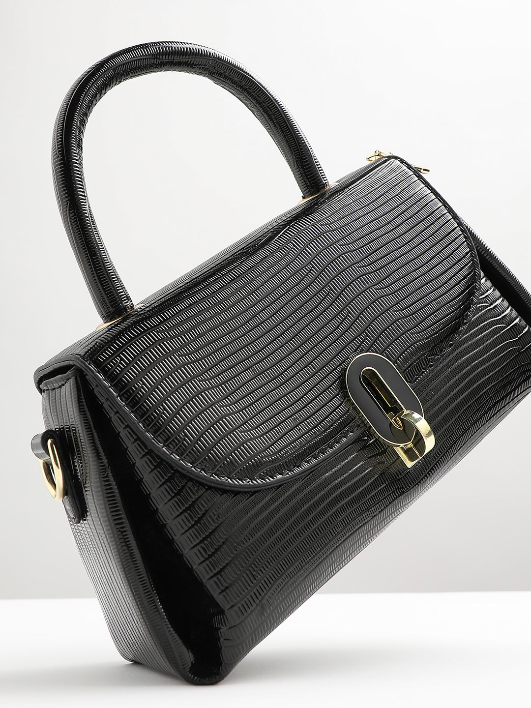 Metallic Flap Handbag - Black