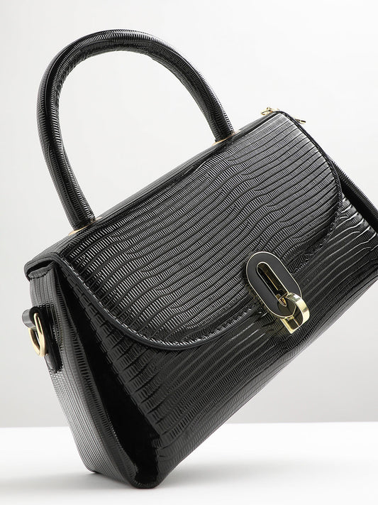 Metallic Flap Handbag - Black