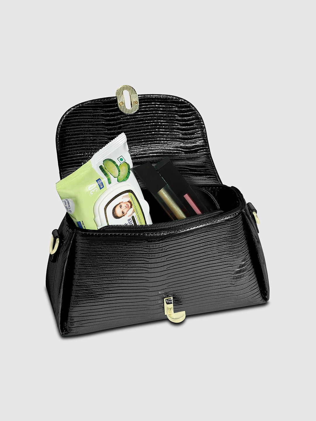 Metallic Flap Handbag - Black