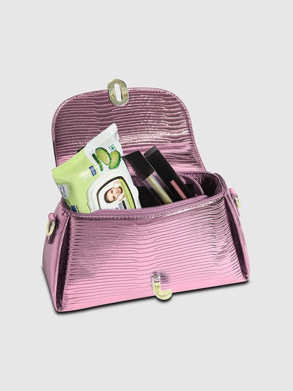 Metallic Flap Handbag - Pink