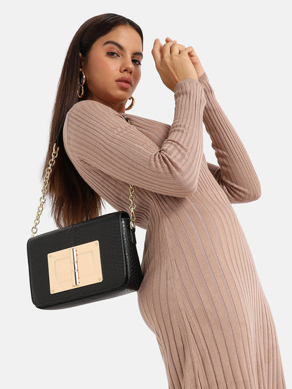 Hinge Flap Sling Bag - Black