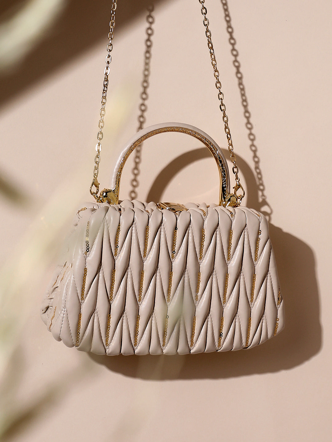 Quilted Sequin Handbag - Beige
