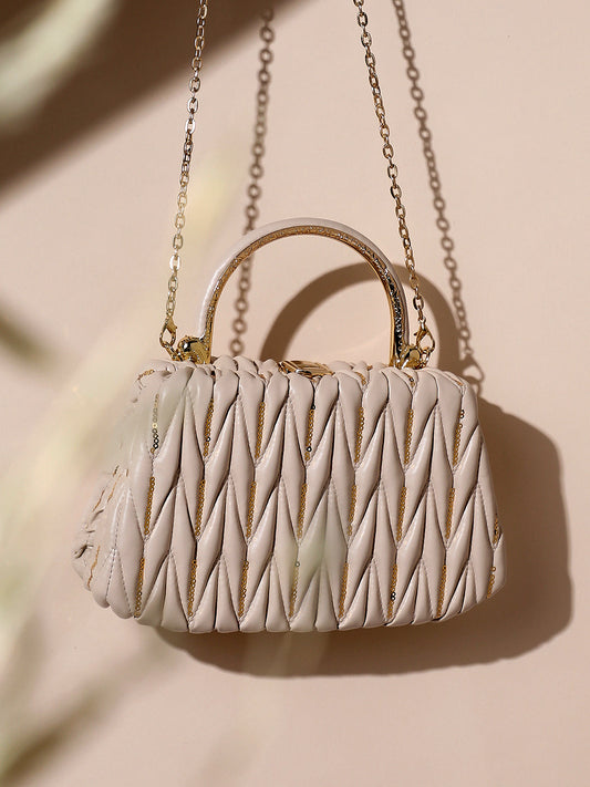 Quilted Sequin Handbag - Beige