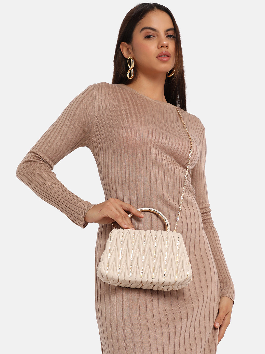 Quilted Sequin Handbag - Beige