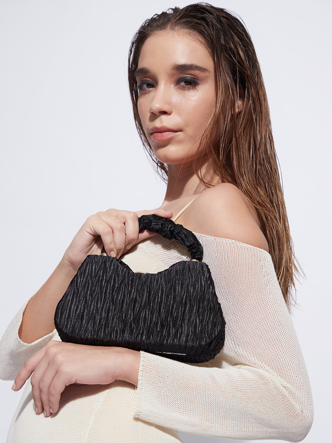 Ruched Handle Handbag - Black