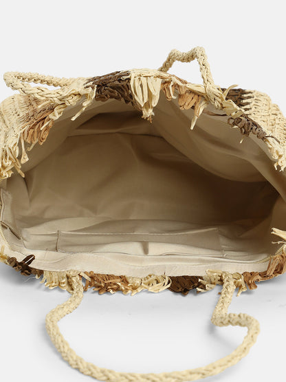 The Straw-Striped Tote Bag - Ecru Beige:Mocha Brown