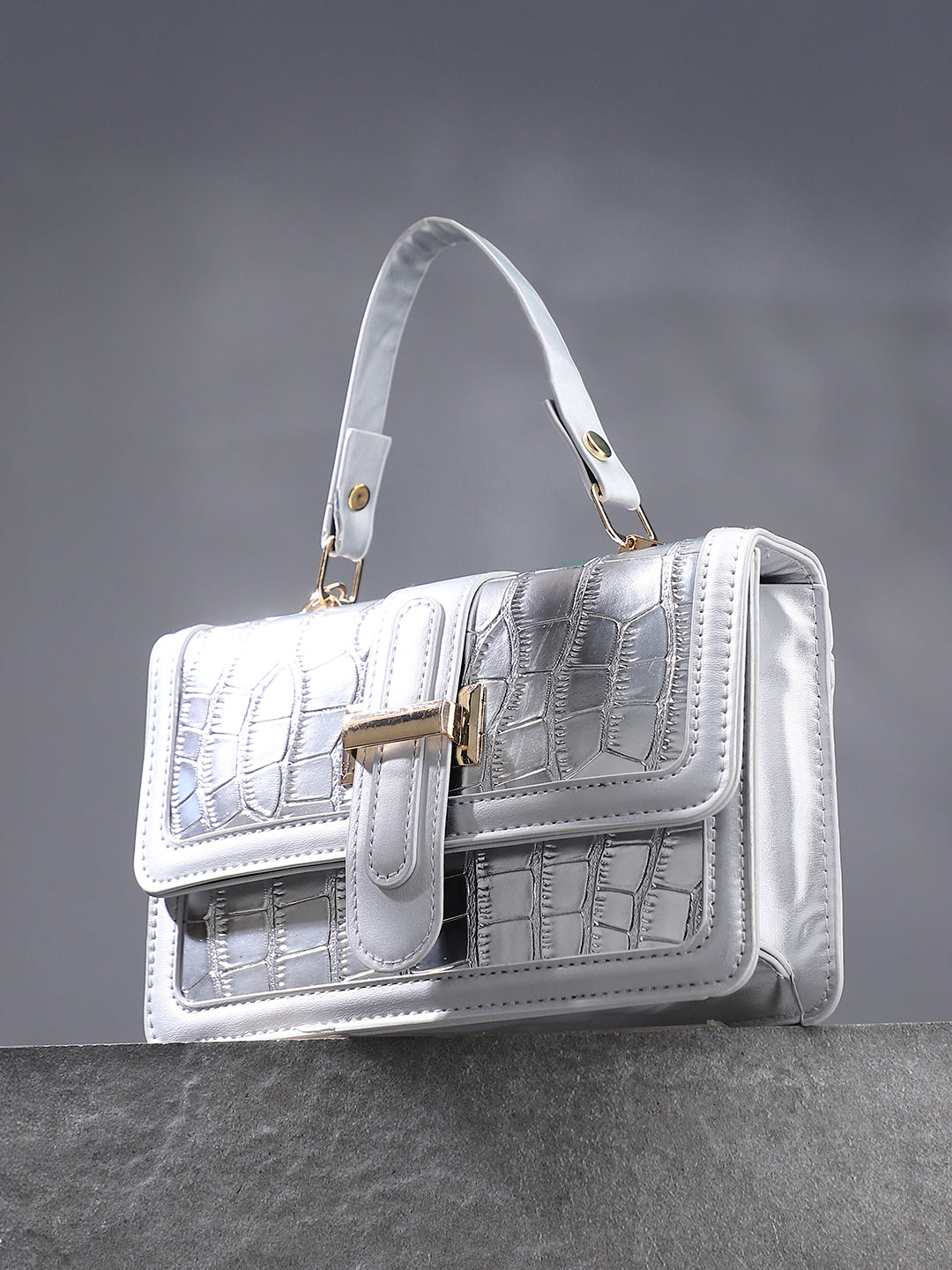 The Gator-Buckle Hand Bag - Metallic Silver