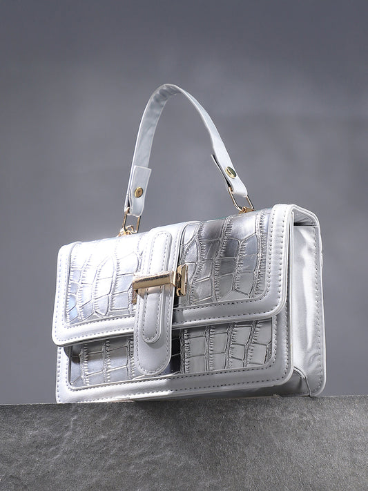 The Gator-Buckle Hand Bag - Metallic Silver