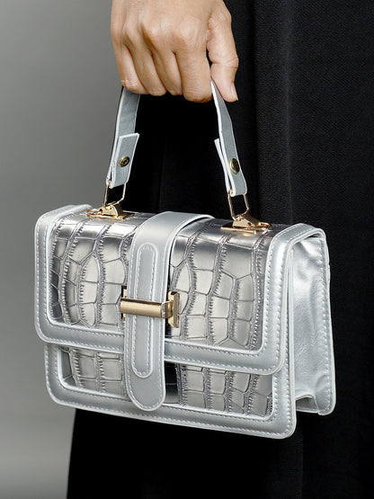 The Gator-Buckle Hand Bag - Metallic Silver