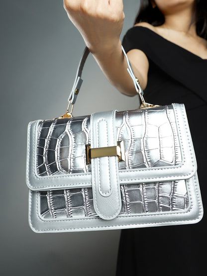 The Gator-Buckle Hand Bag - Metallic Silver