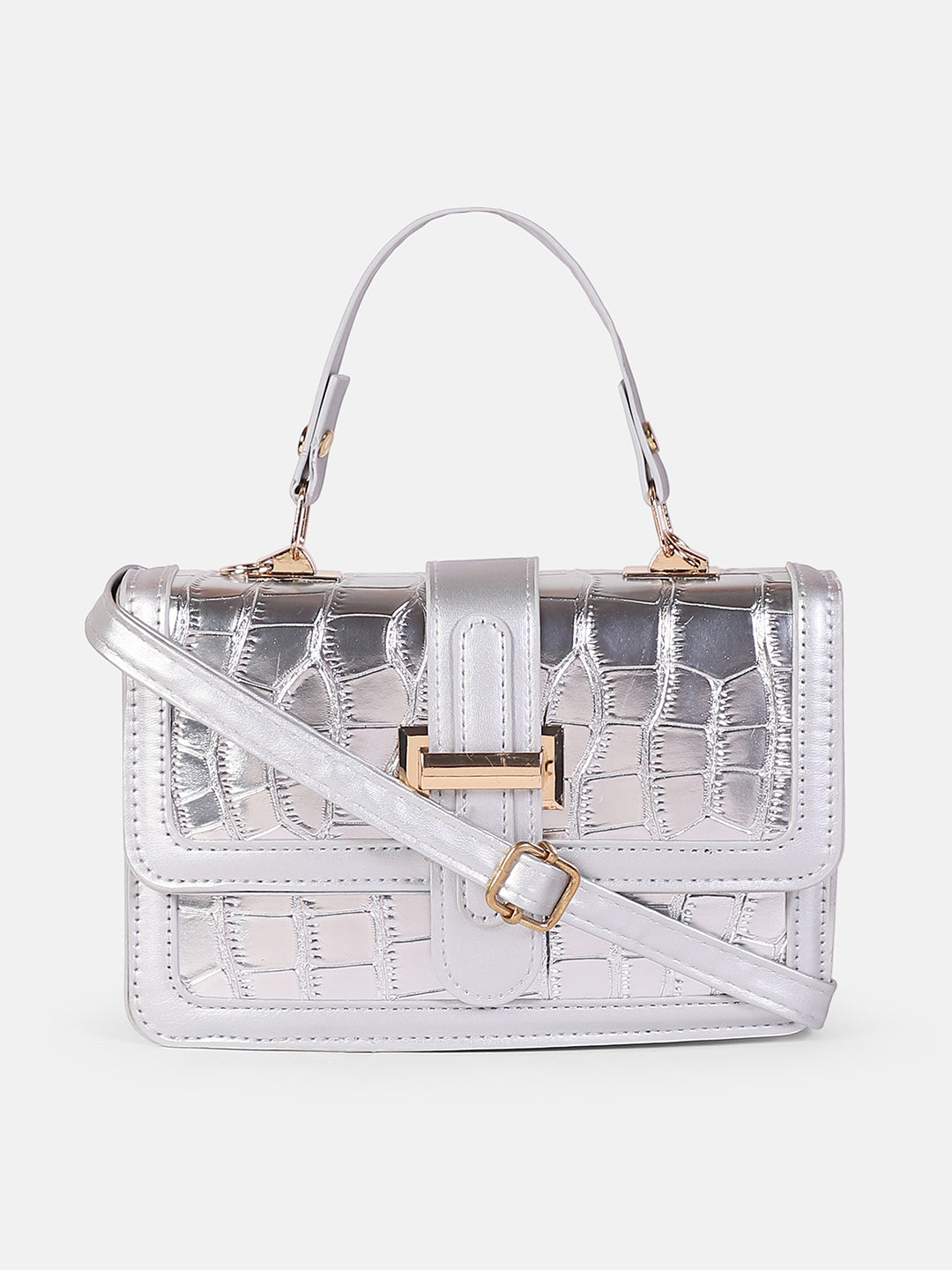 The Gator-Buckle Hand Bag - Metallic Silver