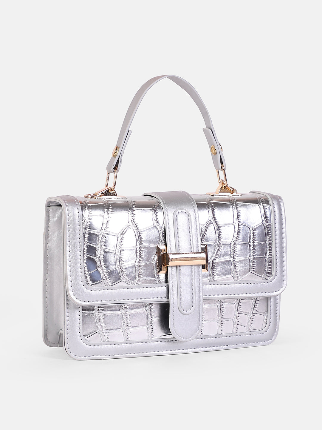 The Gator-Buckle Hand Bag - Metallic Silver