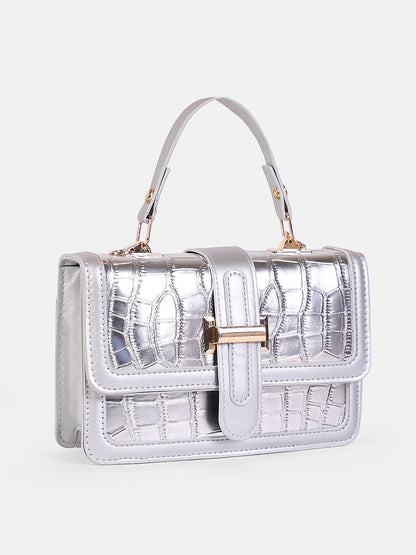 The Gator-Buckle Hand Bag - Metallic Silver
