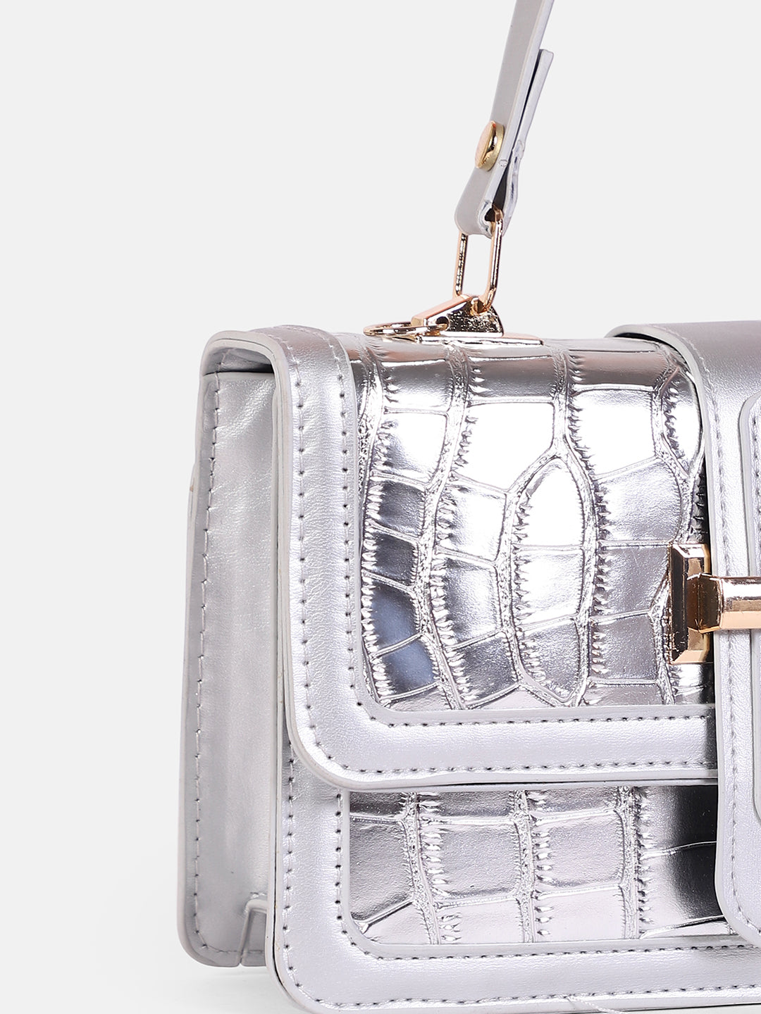 The Gator-Buckle Hand Bag - Metallic Silver