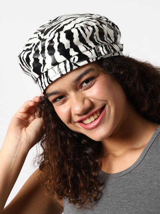 Black & White Textured Vegan Leather Beret Hat