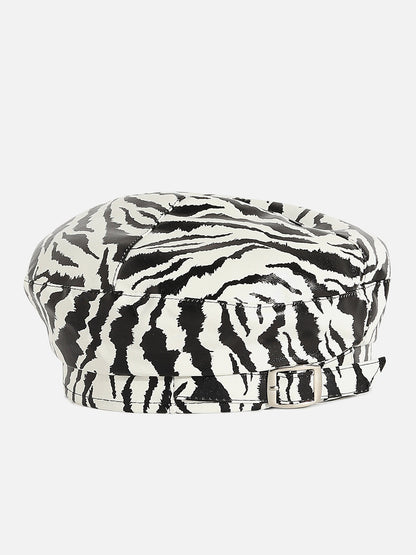 Black & White Textured Vegan Leather Beret Hat