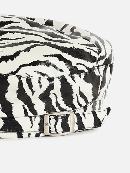 Black & White Textured Vegan Leather Beret Hat