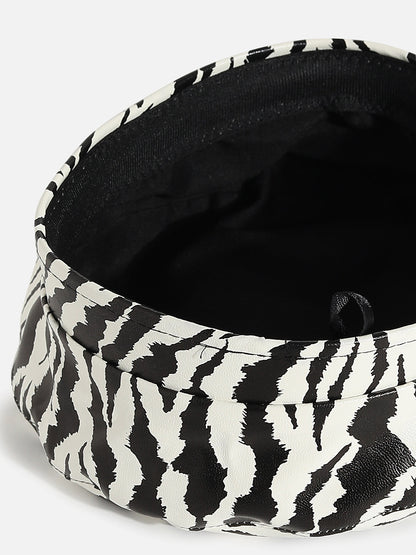 Black & White Textured Vegan Leather Beret Hat