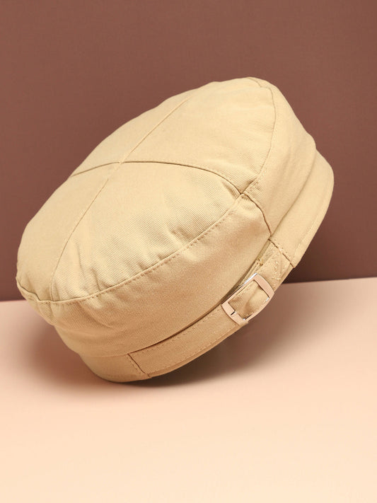 Beige Solid Beret Hat With Buckle Detail