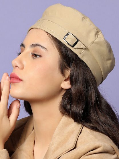 Beige Solid Beret Hat With Buckle Detail