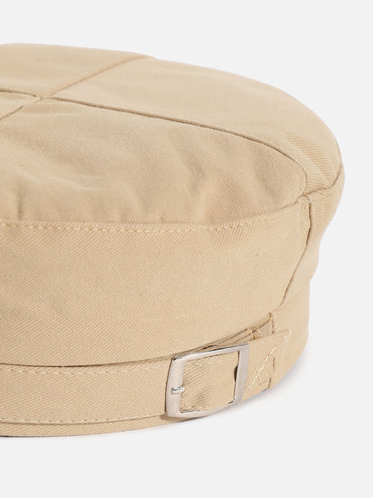 Beige Solid Beret Hat With Buckle Detail