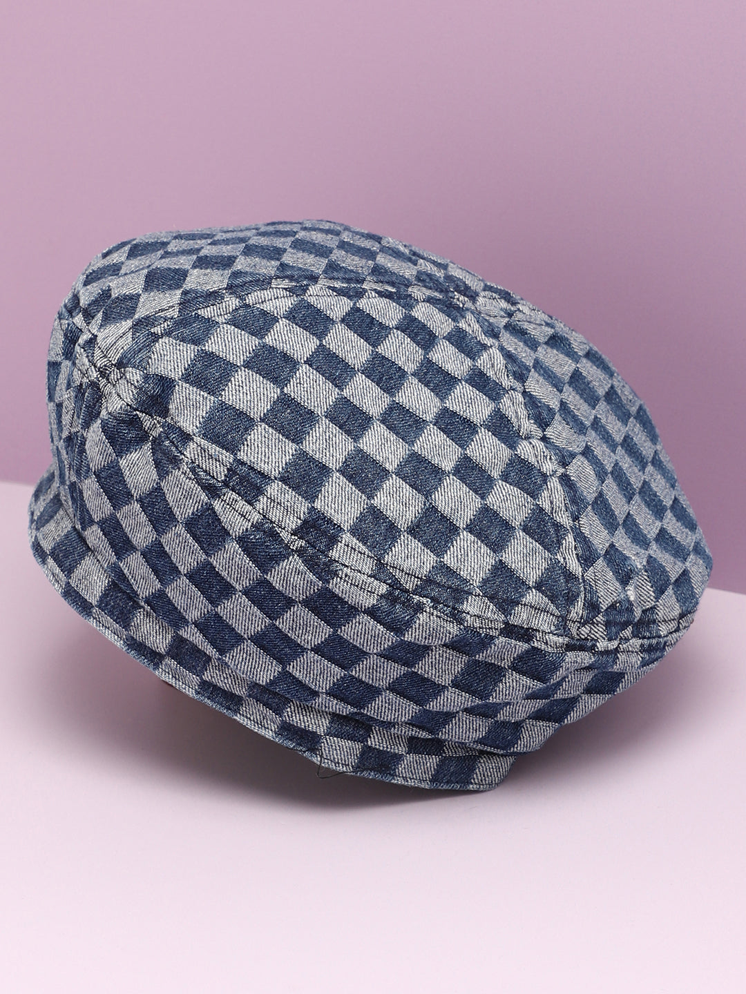 Blue Denim Check Textured Beret Hat
