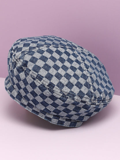 Blue Denim Check Textured Beret Hat