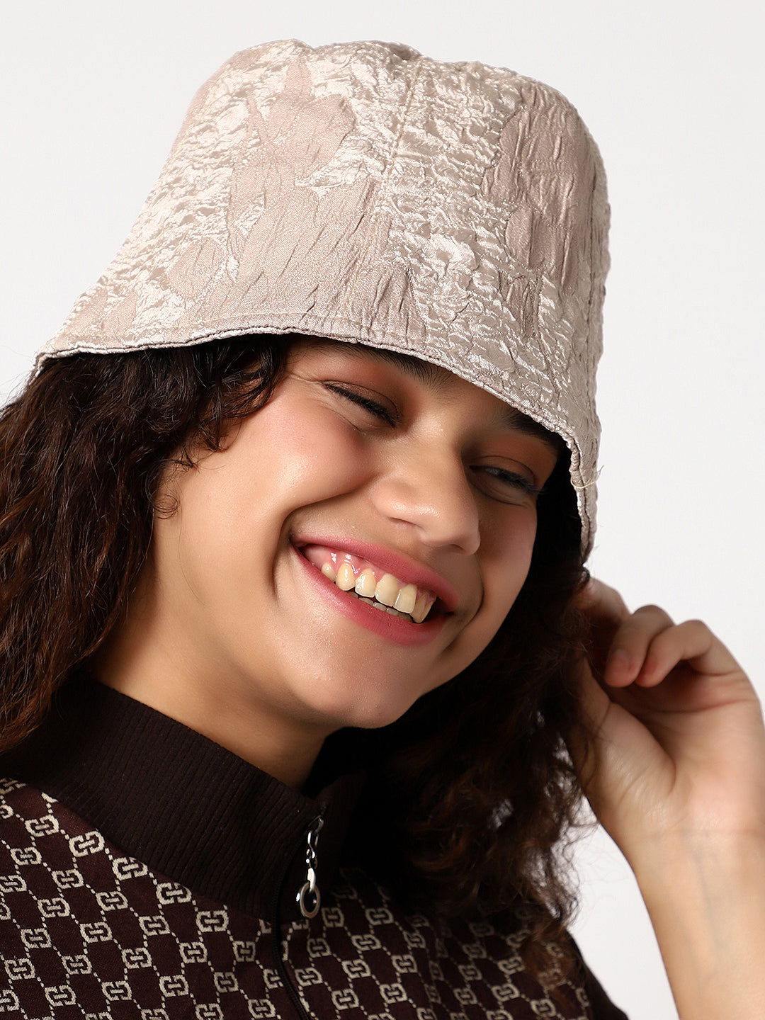 Beige Textured Bucket Hat