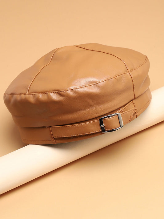 Brown Solid Vegan Leather Beret Hat With Buckle Detail