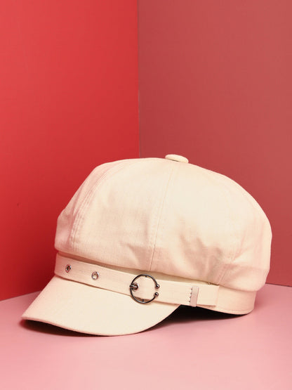 White Solid Bakerboy Cap With Buckle Detail