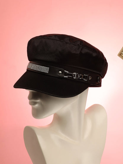 Embellished Satin Bakerboy Cap - Midnight Black