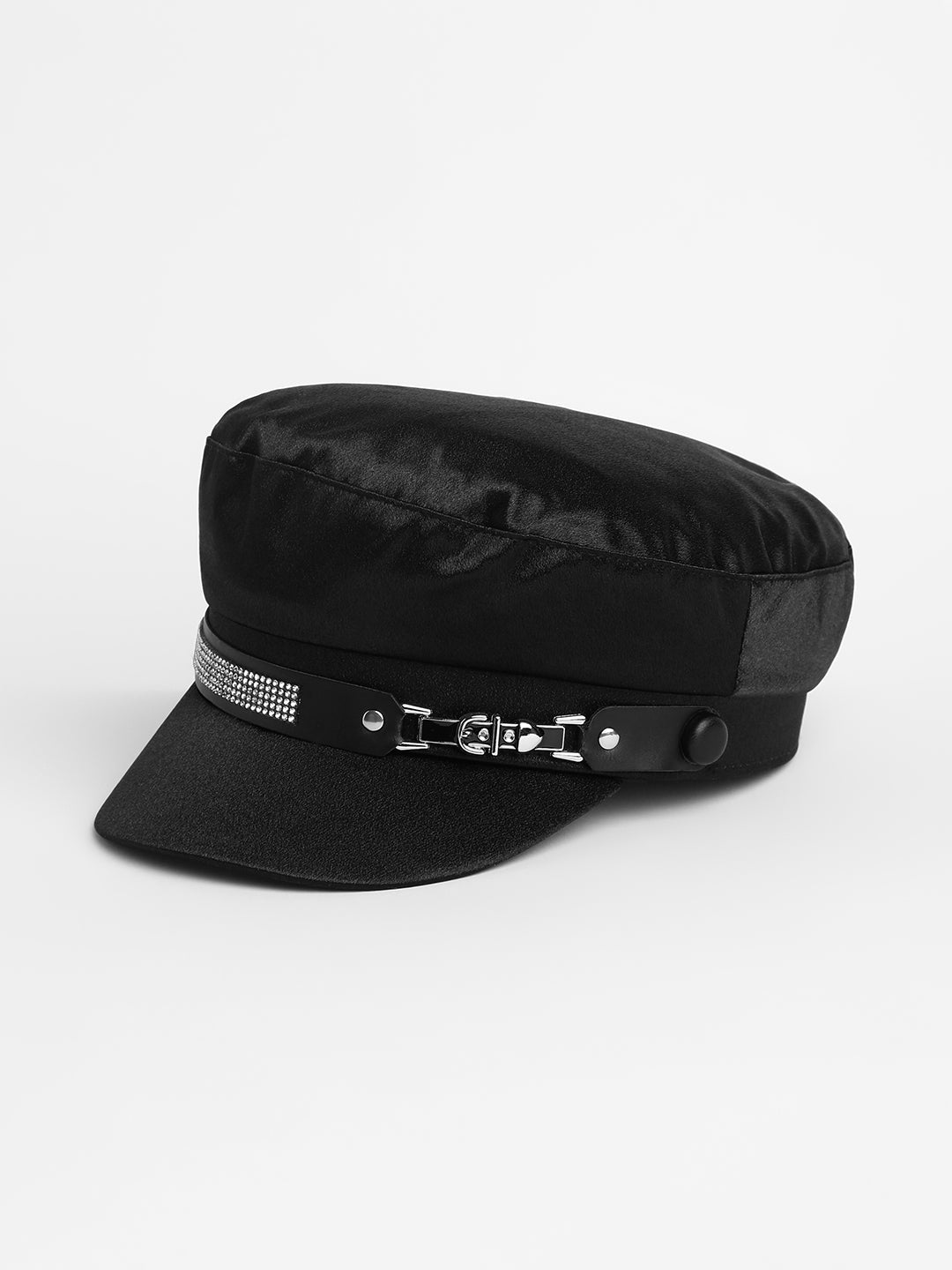 Embellished Satin Bakerboy Cap - Midnight Black