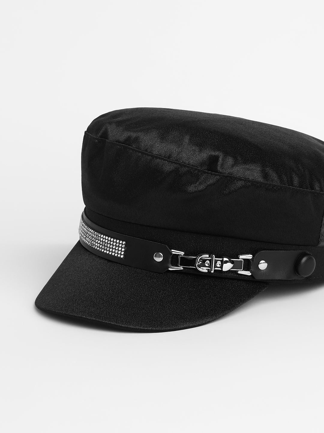 Embellished Satin Bakerboy Cap - Midnight Black